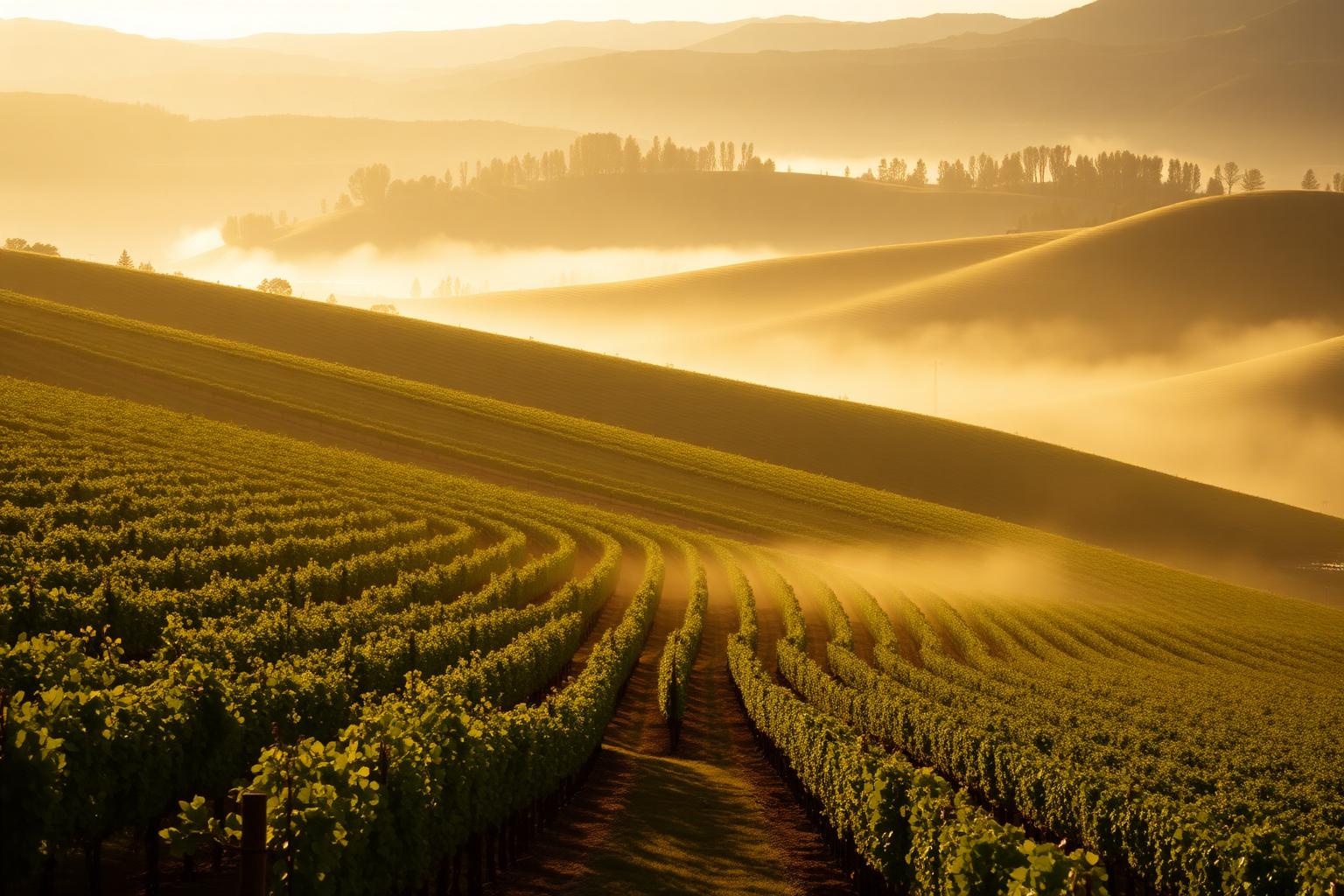 Rolling Napa Valley vineyard hills at golden hour seen on a private dog-friendly wine tour