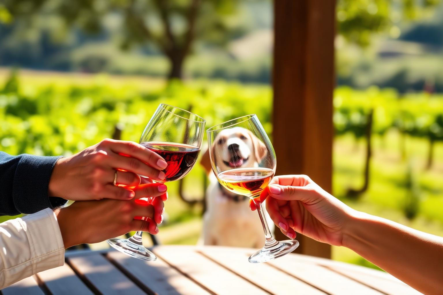 Guests toasting wine glasses with their dog on a winery patio during a Napa Valley dog-friendly wine tour