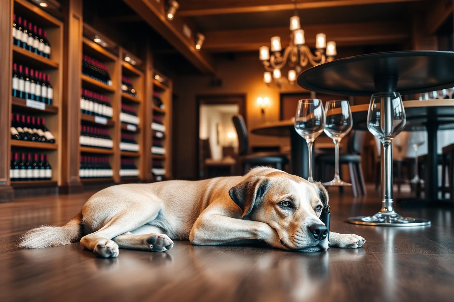 A dog resting on the floor of an elegant winery tasting room during a dog-friendly Napa wine tour